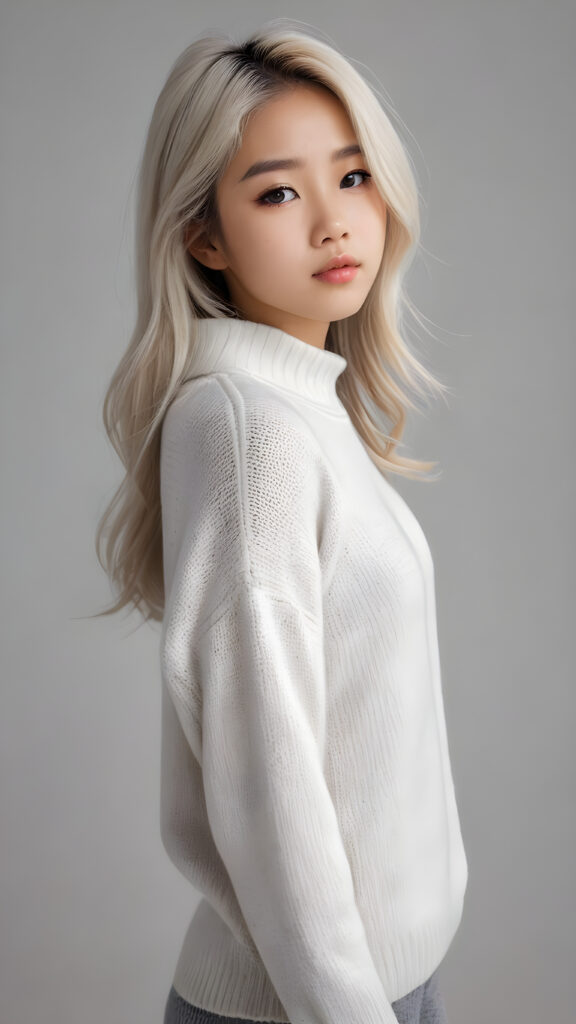 visualize a 3d picture: a (((detailed cute Asian teen girl with shoulder-length, soft straight platinum hair, brown eyes, exuding a sense of melancholy and loneliness, tears streaming down her face, round face and full lips, ((white tight wool sweater)) which perfectly shaped her body, against a (((simple, grey backdrop))), side view