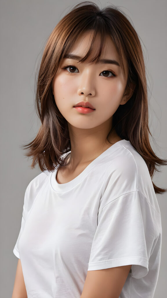 visualize a 3d picture: a (((detailed cute Asian teen girl with shoulder-length, soft straight hair, framing her face in side-swept bangs, brown eyes, exuding a sense of melancholy and loneliness, tears streaming down her face, round face and full lips, ((white tight cropped t-shirt)) which perfectly shaped her body, against a (((simple, grey backdrop))), side view