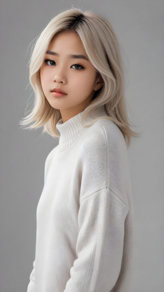 visualize a 3d picture: a (((detailed cute Asian teen girl with shoulder-length, soft straight platinum hair, brown eyes, exuding a sense of melancholy and loneliness, tears streaming down her face, round face and full lips, ((white tight wool sweater)) which perfectly shaped her body, against a (((simple, grey backdrop))), side view