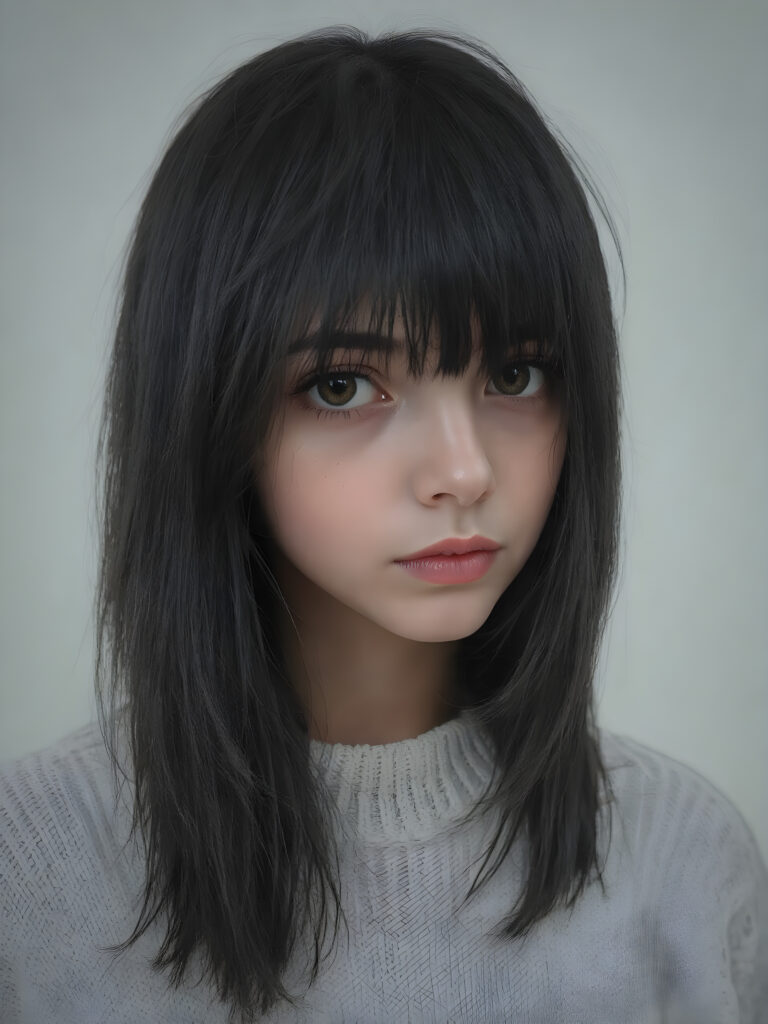 visualize a 3d picture: a (((detailed cute teen emo girl with shoulder-length, soft obsidian black straight hair, framing her face in side-swept bangs, bob cut, brown eyes, exuding a sense of melancholy and loneliness, tears streaming down her face, round face and full lips, ((white tight wool sweater)) which perfectly shaped her body, against a (((simple, grey backdrop))), side view