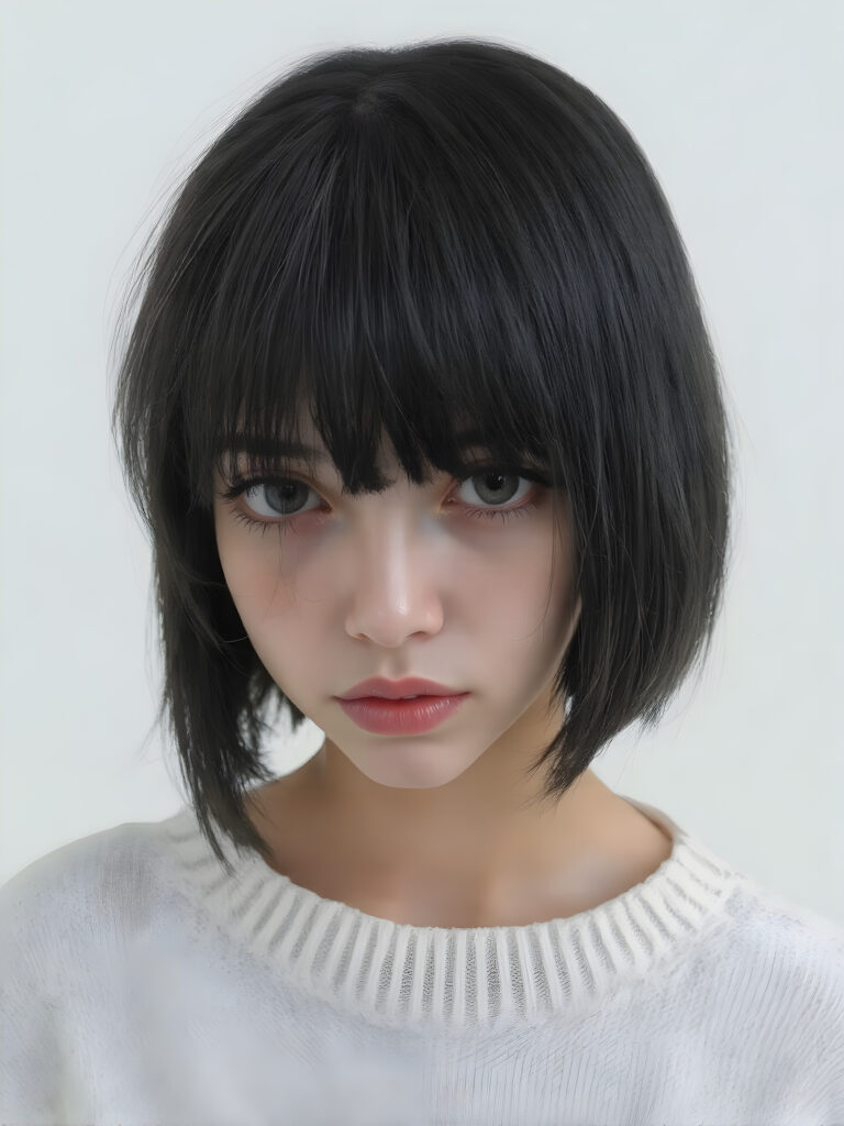 visualize a 3d picture: a (((detailed cute teen emo girl with shoulder-length, soft obsidian black straight hair, framing her face in side-swept bangs, bob cut, brown eyes, exuding a sense of melancholy and loneliness, tears streaming down her face, round face and full lips, ((white tight wool sweater)) which perfectly shaped her body, against a (((simple, grey backdrop))), side view