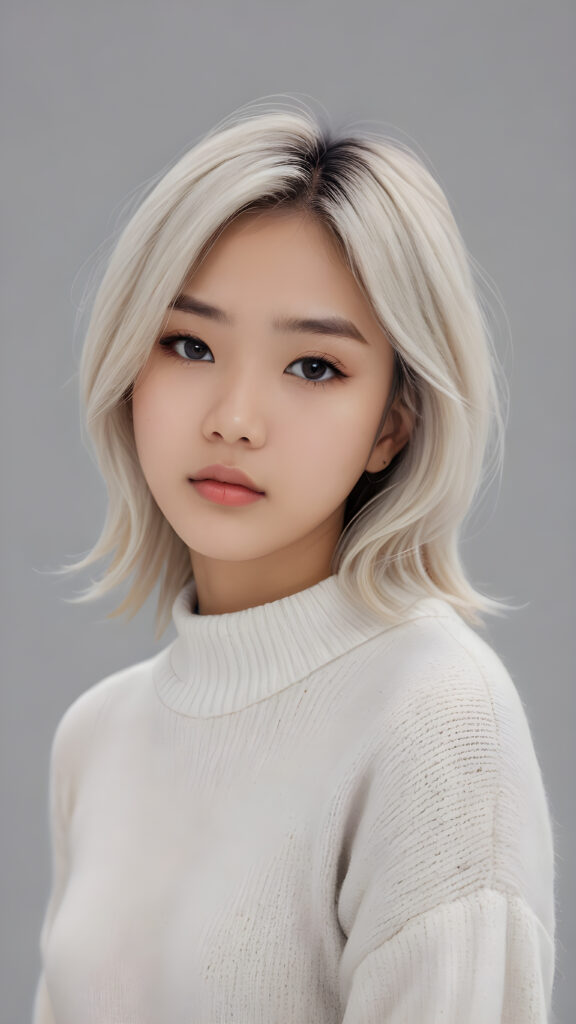 visualize a 3d picture: a (((detailed cute Asian teen girl with shoulder-length, soft straight platinum hair, brown eyes, exuding a sense of melancholy and loneliness, tears streaming down her face, round face and full lips, ((white tight wool sweater)) which perfectly shaped her body, against a (((simple, grey backdrop))), side view