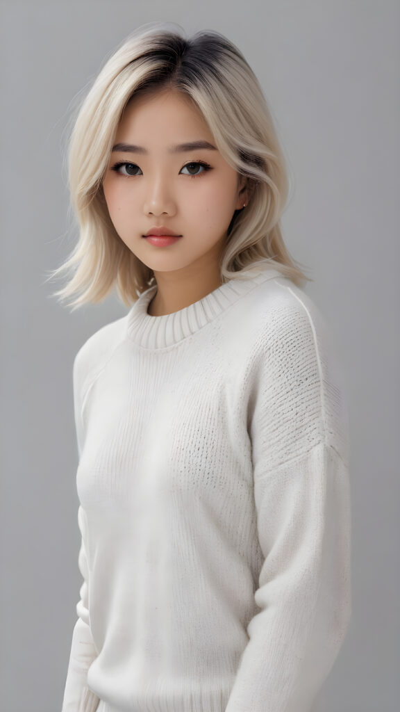 visualize a 3d picture: a (((detailed cute Asian teen girl with shoulder-length, soft straight platinum hair, brown eyes, exuding a sense of melancholy and loneliness, tears streaming down her face, round face and full lips, ((white tight wool sweater)) which perfectly shaped her body, against a (((simple, grey backdrop))), side view