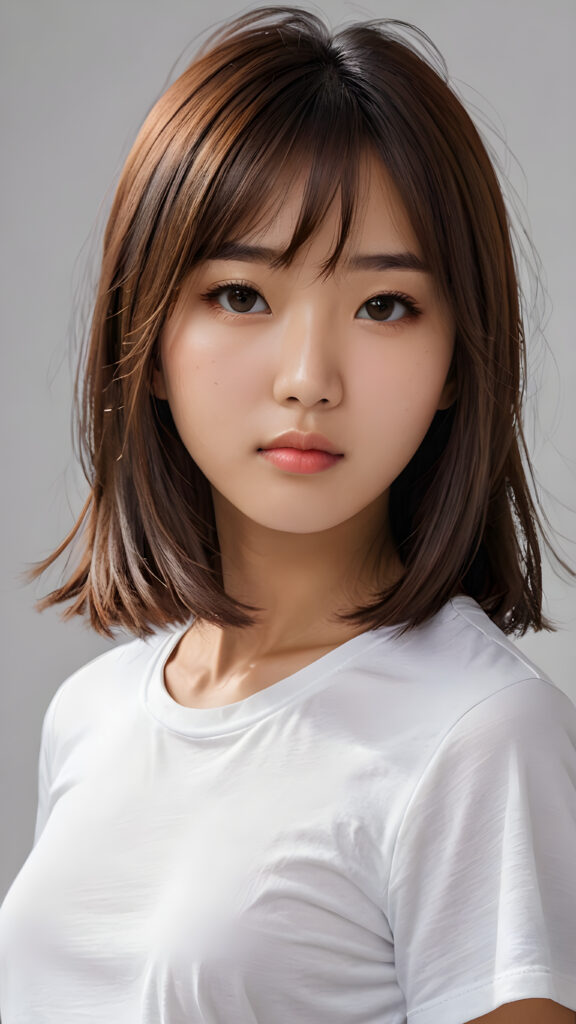 visualize a 3d picture: a (((detailed cute Asian teen girl with shoulder-length, soft straight hair, framing her face in side-swept bangs, brown eyes, exuding a sense of melancholy and loneliness, tears streaming down her face, round face and full lips, ((white tight cropped t-shirt)) which perfectly shaped her body, against a (((simple, grey backdrop))), side view