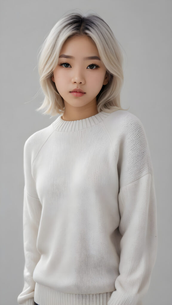 visualize a 3d picture: a (((detailed cute Asian teen girl with shoulder-length, soft straight platinum hair, brown eyes, exuding a sense of melancholy and loneliness, tears streaming down her face, round face and full lips, ((white tight wool sweater)) which perfectly shaped her body, against a (((simple, grey backdrop))), side view