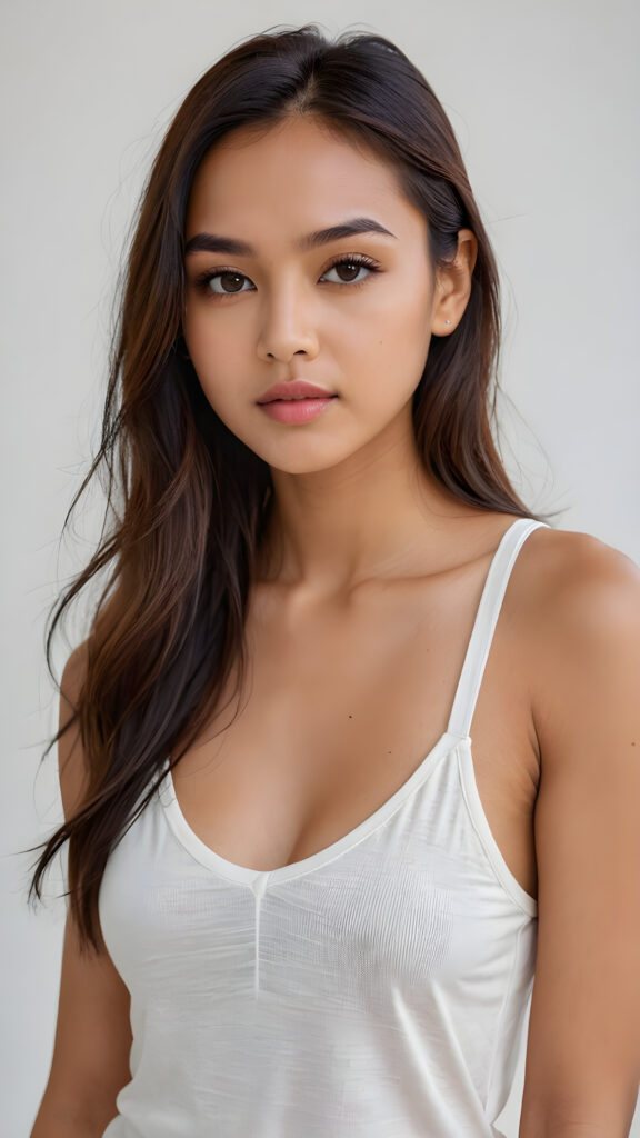 visualize a (((realistically detailed image))) of a (((softly beautiful young Exotic girl))), with exquisite, smooth skin and straight, ((very long hair)), dressed in a (((short plain tank top, deep v-neck))), against a (((gently contrasting white backdrop)))