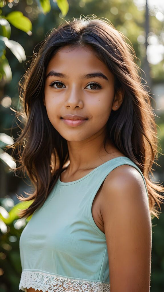 visualize a (((softly brown-skinned beautiful young teen girl))), with delicate features and a (((radiant aura))), suggesting purity and cuteness, her youthful exuberance apparent in her unmistakably adorable countenance, flawlessly fair skin, long straight and soft black hair, she wears a short crop top