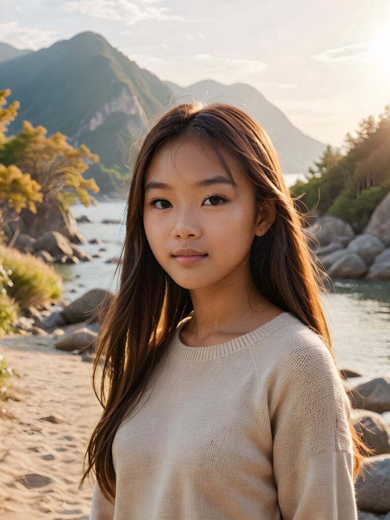 visualize a (((vividly beautiful scene))) where a (((cute tanned Asian teen girl with super long straight jet light-brown hair))), wears a soft fine sweater made of wool, against a backdrop of a serene, (ethereal landscape)