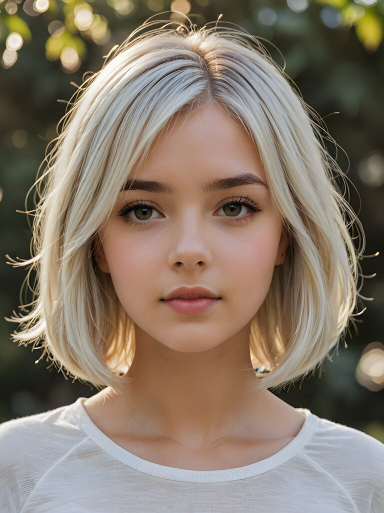 visualize a (((beautiful drawning))), capturing a (teen girl with long, flowing white hair, styled in a (short bob cut), her face framed by a short, bang-like fringe), and short, detailed facial features, facing forward with a serene expression, wearing a short, crop t-shirt against a (detailed, realistic backdrop)