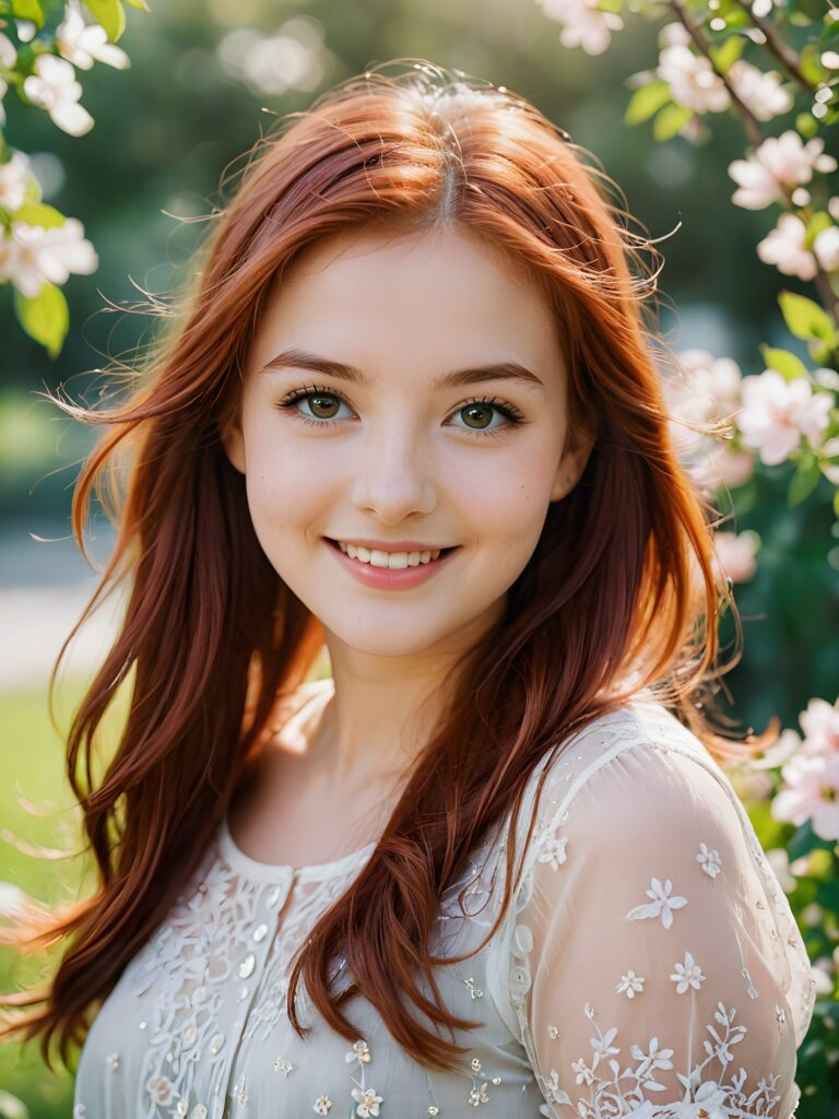 visualize a (((softly beautiful girlie))), with delicate features and a (((radiant aura))), suggesting purity and cuteness, her youthful exuberance apparent in her unmistakably adorable countenance, flawlessly fair skin, and a playfully turned-up smile, long straight and soft red hair