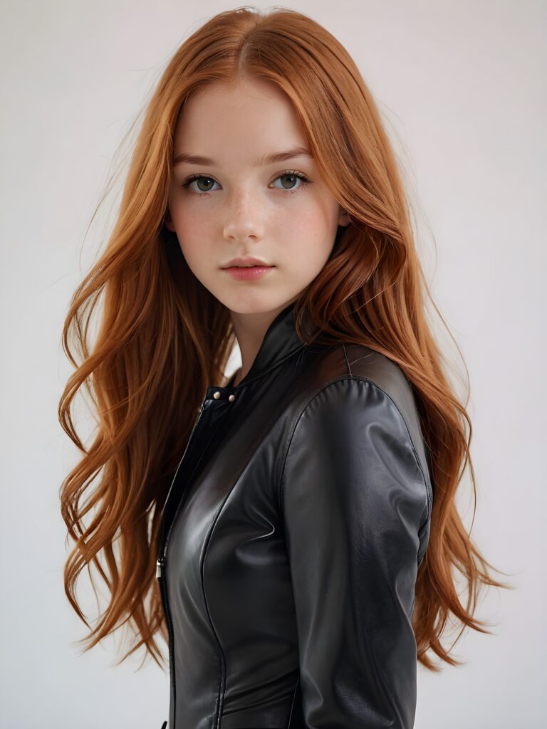 visualize a (((realistically detailed young teenage girl with long, soft straight red hair, framing her face with flowing, dark thin leather suit that expertly accentuates her stunningly gorgeous figure)), posed against a (translucent, ethereal white backdrop)