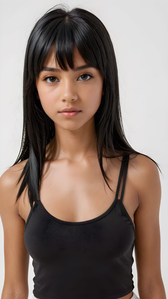 (((visualize a 3d picture))) of a (((cute tanned Latino teen girl))) with ((((long soft obsidian black straight hair)))), and framed her face in (((side-swept bangs))), and ((piercing eyes)), accompanied by a sleek (((cropped spaghetti tank top))). The scene is cropped from a (close-up of the girl), emphasizing her intricate details and expressing a sense of empathy and loneliness in the (((white backdrop)))