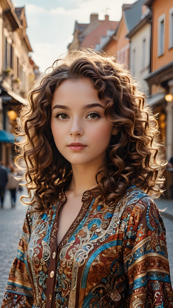 visualize a (((digital masterpiece))) with intricate ((details and patterns)) that evoke a sense of wonder, fantastical structures and colors interwoven with a (((vividly drawn girl))) whose flowing brown curls match, luxurious surroundings