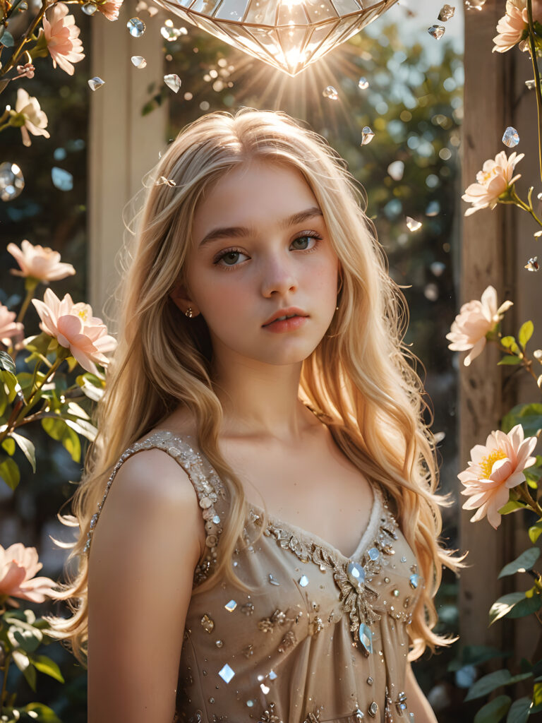 visualize a (((vividly drawn teenage girl))) with long, flowing blonde hair, standing against a backdrop of delicate blooms softly bathed in a (((vintage diamond sunlight filter))), her form and details reflect a timeless fantasy aesthetic that combines whimsy and nostalgia, as if captured through a shattered mirror