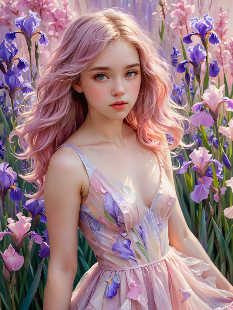 visualize a (((girl in a short, flowy dress))), her face obscured by a (((translucent, pinkish hue))), with (((pink and lavender irises))), and (((translucent pink soft hair))), all combining to create an aura of intrigue and refinement in a (dreamlike backdrop with softly detailed fantastical elements)