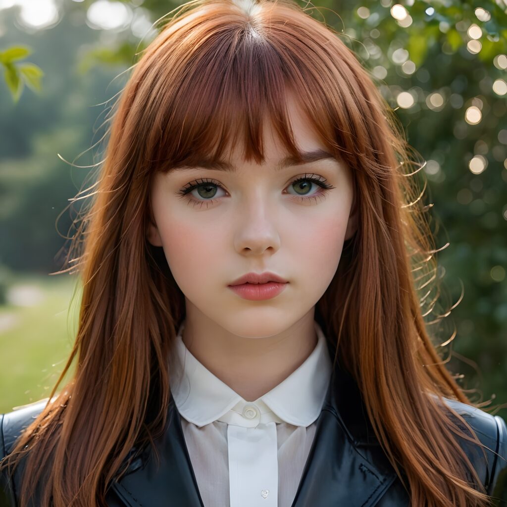 visualize a (((really detailed young teenage girl with long, soft straight red hair framing her face in classic bangs, her lips looking seductively parted against a (translucent, otherworldly backdrop))), dressed in a sleek, black leather suit that accentuates every curve of her stunningly beautiful form, against a backdrop that suggests an ethereal mist