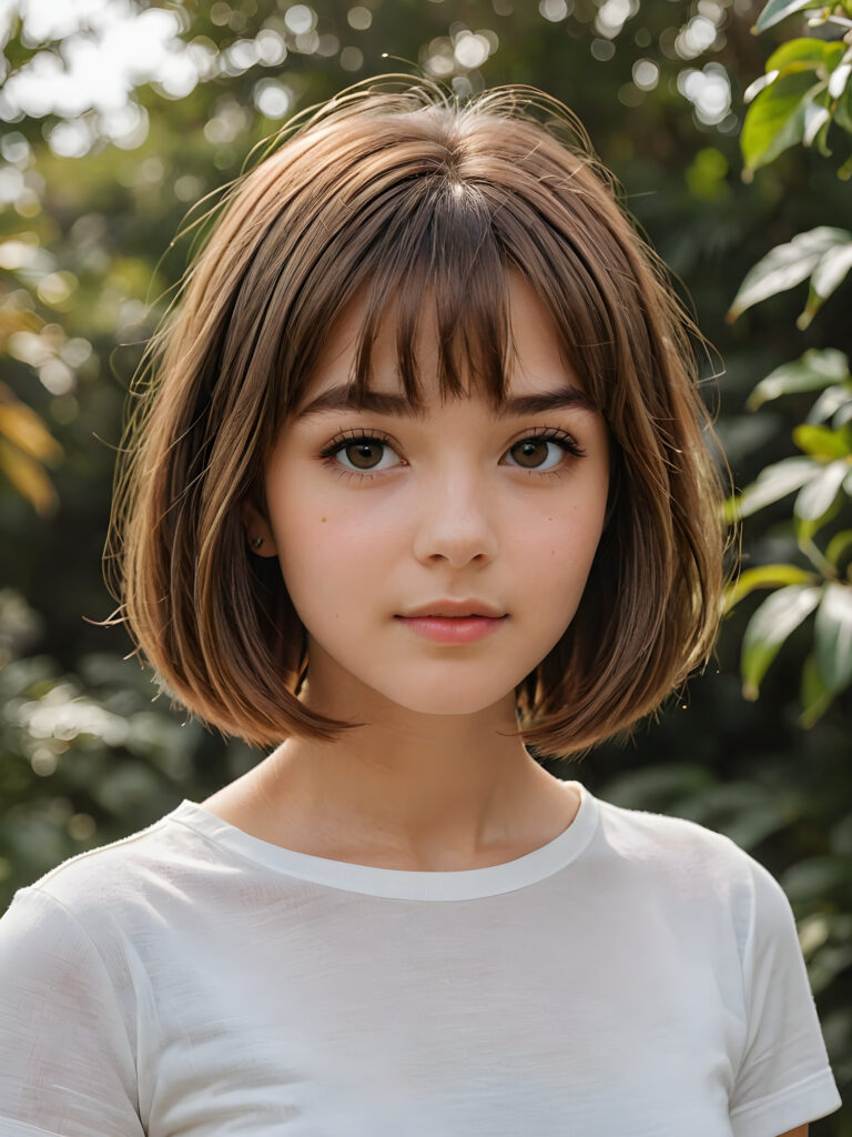 visualize a (((beautiful drawning))), capturing a (teen girl with long, straight soft brown hair, styled in a (short bob cut), her face framed by a short, bang-like fringe), and short, detailed facial features, facing forward with a serene expression, wearing a white short, crop t-shirt against a (detailed, realistic backdrop)