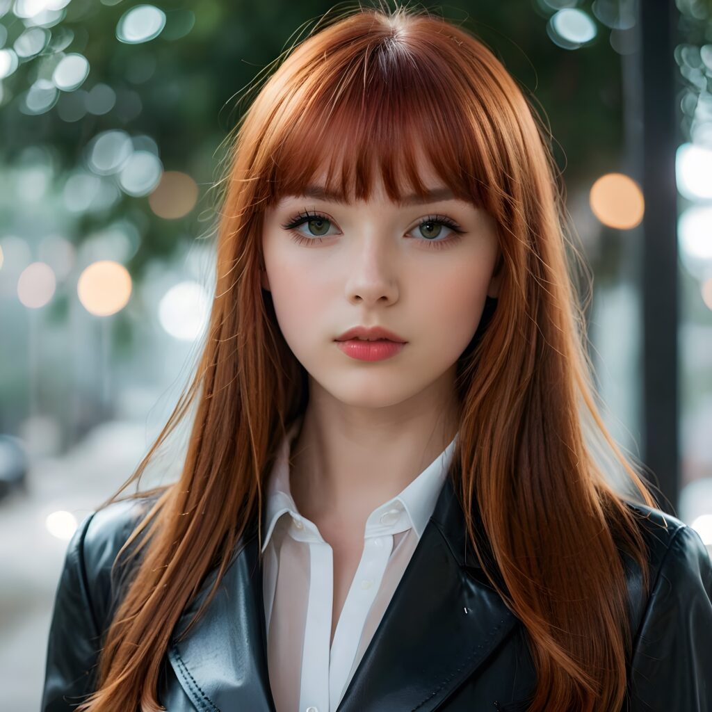 visualize a (((really detailed young teenage girl with long, soft straight red hair framing her face in classic bangs, her lips looking seductively parted against a (translucent, otherworldly backdrop))), dressed in a sleek, black leather suit that accentuates every curve of her stunningly beautiful form, against a backdrop that suggests an ethereal mist