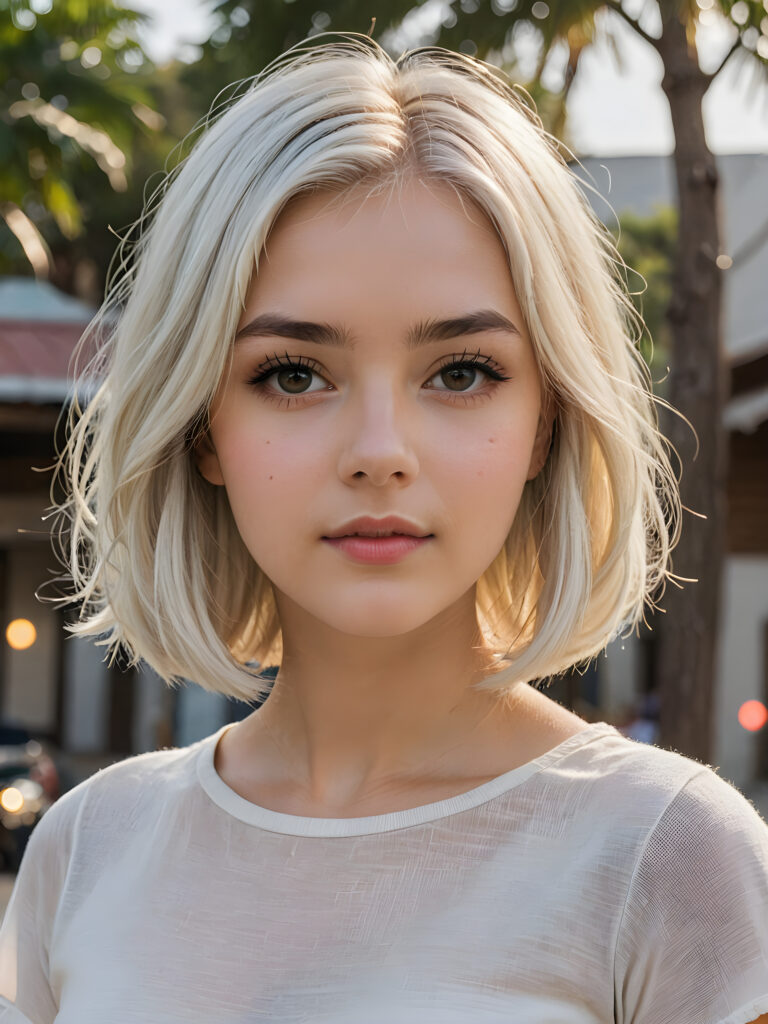 visualize a (((beautiful drawning))), capturing a (teen girl with long, flowing white hair, styled in a (short bob cut), her face framed by a short, bang-like fringe), and short, detailed facial features, facing forward with a serene expression, wearing a short, crop t-shirt against a (detailed, realistic backdrop)