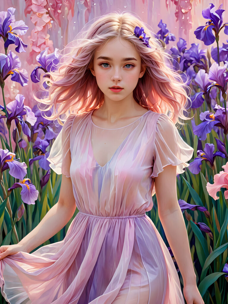 visualize a (((girl in a short, flowy dress))), her face obscured by a (((translucent, pinkish hue))), with (((pink and lavender irises))), and (((translucent pink soft hair))), all combining to create an aura of intrigue and refinement in a (dreamlike backdrop with softly detailed fantastical elements)