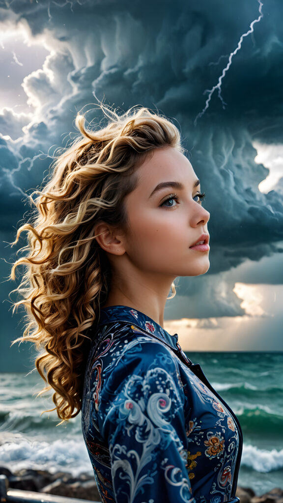 visualize a (((digital masterpiece))) with intricate details and patterns that evoke a sense of wonder, fantastical structures and colors interwoven with a (((vividly drawn girl))) whose flowing curls match the vibrancy of a (((storm brewing in the background))), luxurious surroundings