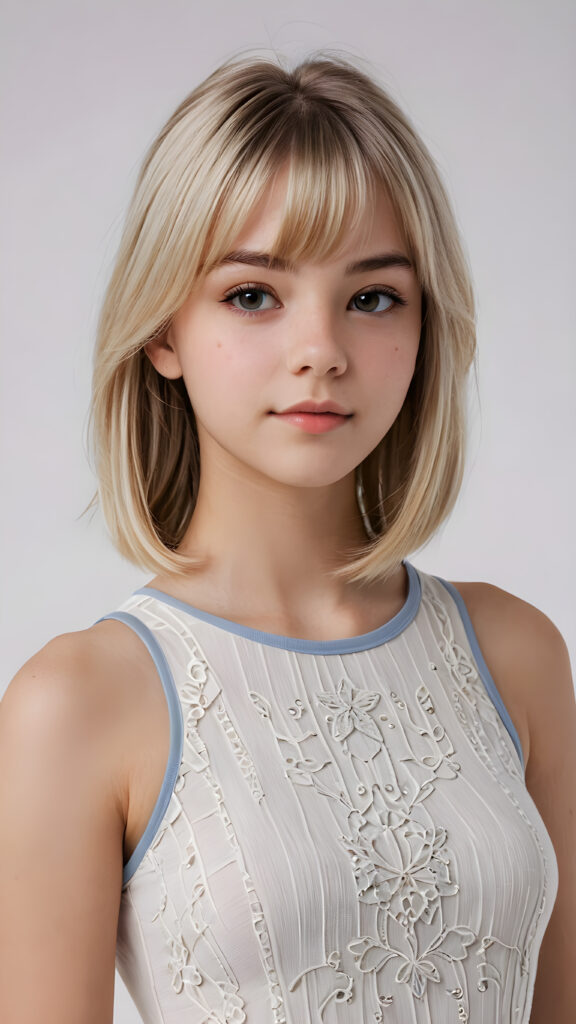 visualize a (((vividly detailed and realistic teen girl, 15 years old))) with straight, soft platinum blond hair, a classic bob cut featuring intricate details and delicate bangs that cascade down the side of her face, a thin dress, perfect body, full lips, wearing a short tank top that accentuates her figure, a sense of seduction captured through her posture and the (((white background)))) ((upper body))