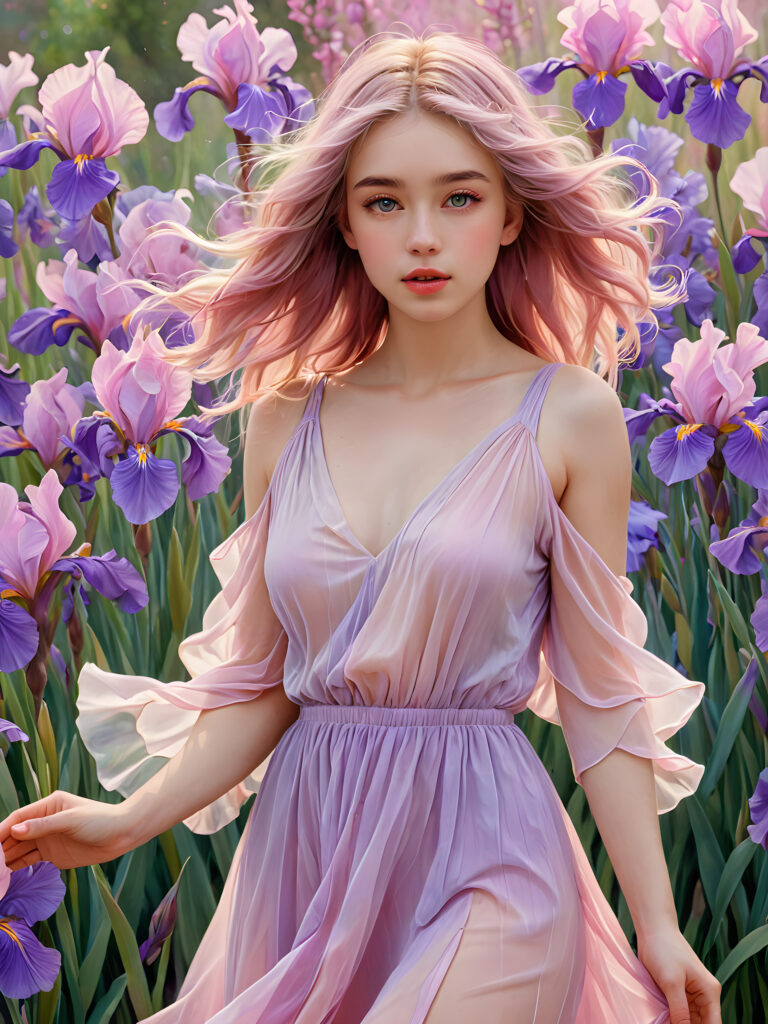 visualize a (((girl in a short, flowy dress))), her face obscured by a (((translucent, pinkish hue))), with (((pink and lavender irises))), and (((translucent pink soft hair))), all combining to create an aura of intrigue and refinement in a (dreamlike backdrop with softly detailed fantastical elements)