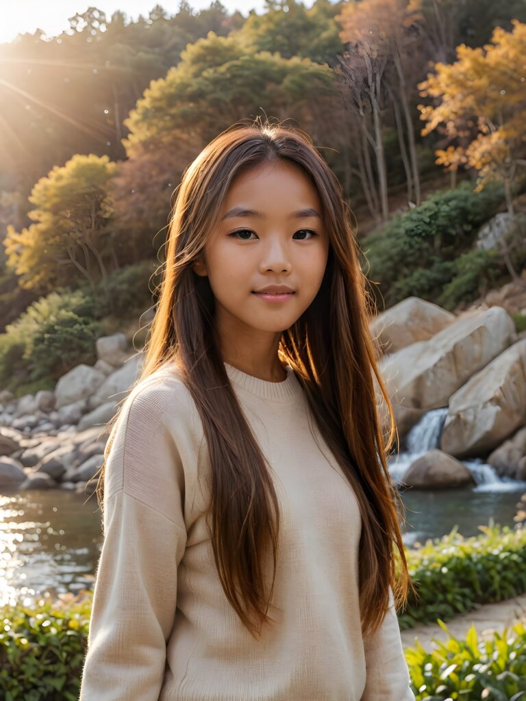 visualize a (((vividly beautiful scene))) where a (((cute tanned Asian teen girl with super long straight jet light-brown hair))), wears a soft fine sweater made of wool, against a backdrop of a serene, (ethereal landscape)