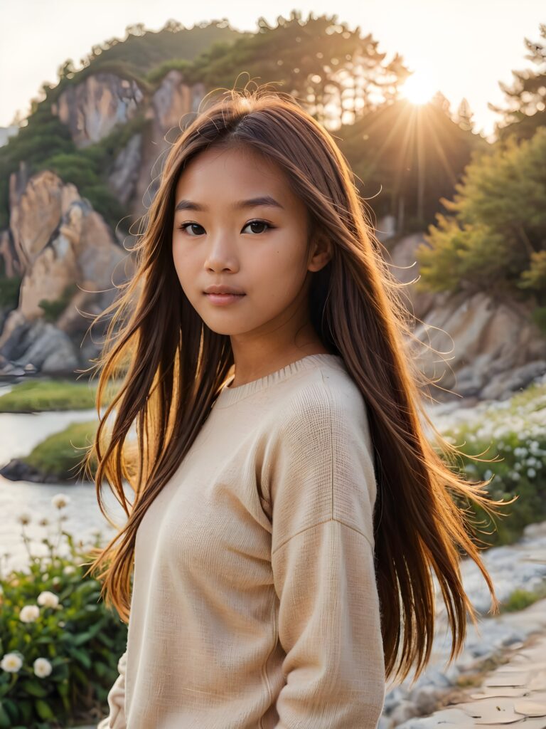 visualize a (((vividly beautiful scene))) where a (((cute tanned Asian teen girl with super long straight jet light-brown hair))), wears a soft fine sweater made of wool, against a backdrop of a serene, (ethereal landscape)