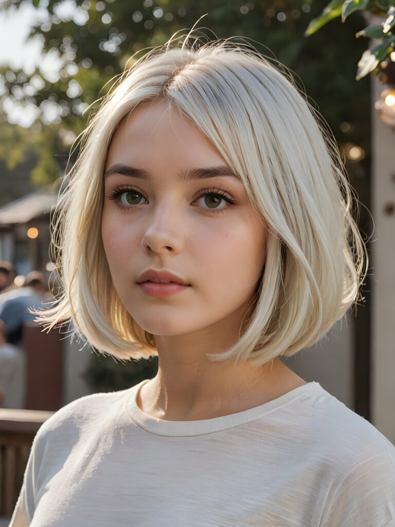 visualize a (((beautiful drawning))), capturing a (teen girl with long, flowing white hair, styled in a (short bob cut), her face framed by a short, bang-like fringe), and short, detailed facial features, facing forward with a serene expression, wearing a short, crop t-shirt against a (detailed, realistic backdrop)