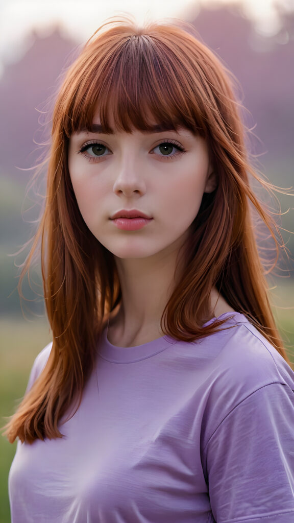 visualize a (((really detailed young teenage girl with long, soft straight red hair framing her face in classic bangs, her lips looking seductively, ((dressed in a plain violet t-shirt)) that accentuates every curve of her stunningly beautiful form, against a backdrop that suggests an ethereal mist