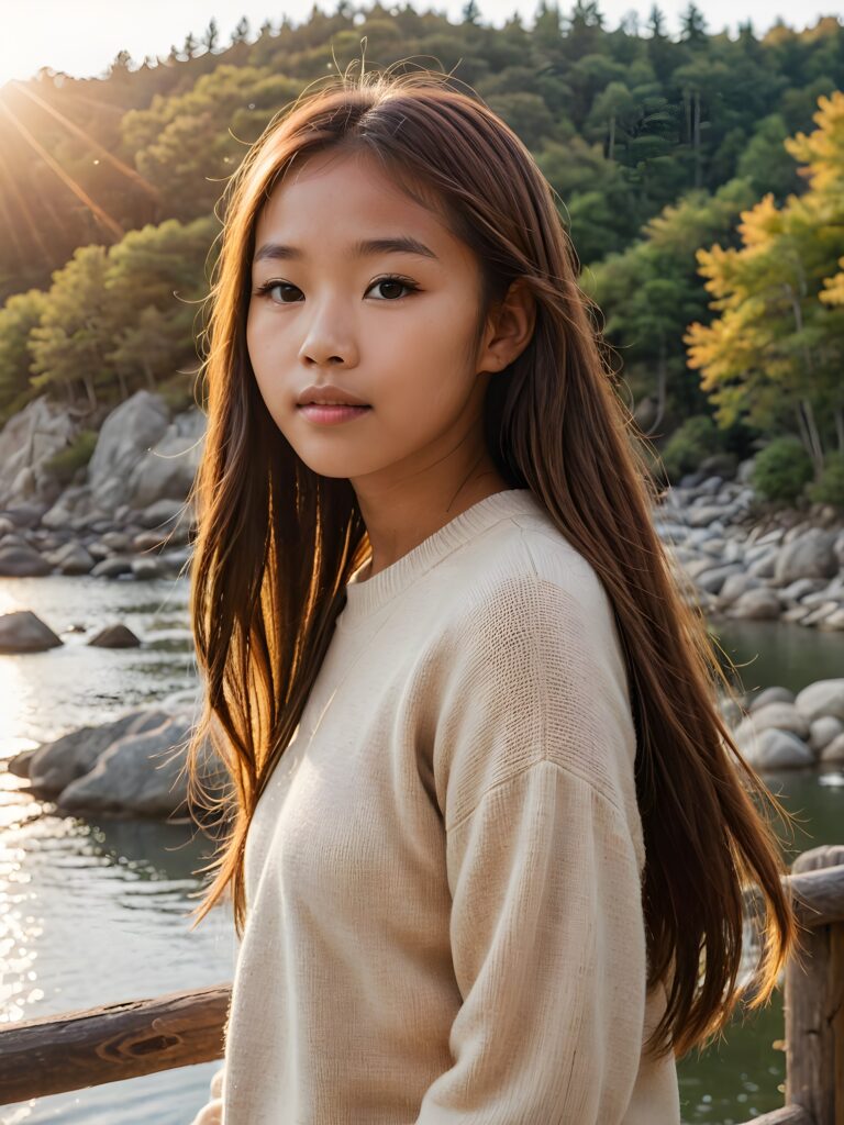 visualize a (((vividly beautiful scene))) where a (((cute tanned Asian teen girl with super long straight jet light-brown hair))), wears a soft fine sweater made of wool, against a backdrop of a serene, (ethereal landscape)