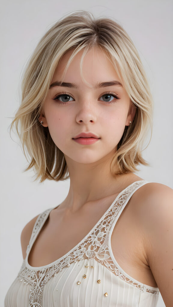 visualize a (((vividly detailed and realistic teen girl, 15 years old))) with straight, soft platinum blond hair, a classic bob cut featuring intricate details and delicate bangs that cascade down the side of her face, a thin dress, perfect body, full lips, wearing a short tank top that accentuates her figure, a sense of seduction captured through her posture and the (((white background)))) ((upper body))