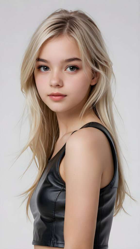 visualize a (((vividly detailed and realistic teen girl, 19 years old))) with straight, soft platinum blond long soft hair, bangs that cascade down the side of her face, ((she wears a thin and tight leather crop top that accentuates her perfect figure)), full lips, a sense of seduction captured through her posture and the (((white background))))