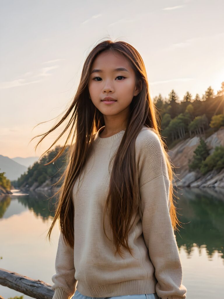 visualize a (((vividly beautiful scene))) where a (((cute tanned Asian teen girl with super long straight jet light-brown hair))), wears a soft fine sweater made of wool, against a backdrop of a serene, (ethereal landscape)