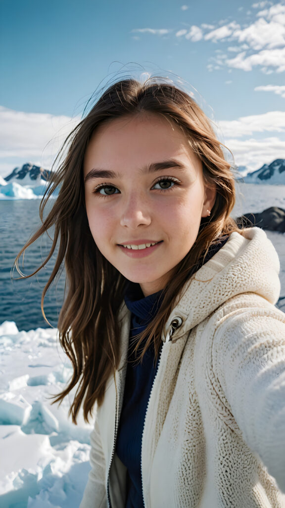 visualize a (((young teen girl, take a selfie))) (cute) (gorgeous). The vast Antarctic Ocean can be seen in the background