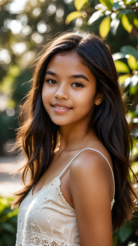 visualize a (((softly brown-skinned beautiful young teen girl))), with delicate features and a (((radiant aura))), suggesting purity and cuteness, her youthful exuberance apparent in her unmistakably adorable countenance, flawlessly fair skin, long straight and soft black hair, she wears a short crop top