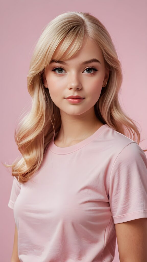 visualize a (((realistic teen girl))) with striking, straight blonde hair framing a face that mirrors Barbie's features, her bangs styled in a perfect side part, exuding confidence with a curvy silhouette and posed confidently against a (((soft, pale pink backdrop))), dressed in a (((modern, minimalist style)))