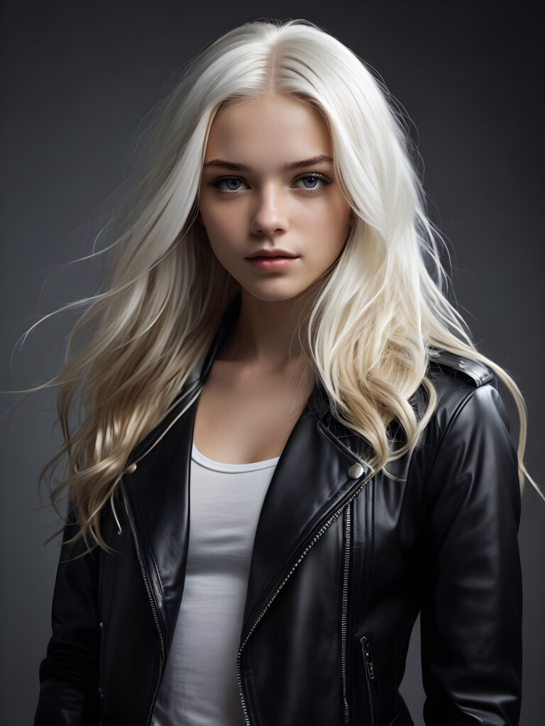 visualize a (((teen girl with flowing, white long soft hair and a perfectly curved figure))), dressed in a (((tight, black leather jacket))), combining mashup styles like (softly tinted gray and light bronze), with a soft focus technique that gives an (edgy yet soft look), pairing with (dark, crisp white and ink blue) for soft edges, creating an eye-catching overall aesthetic against a (subtle, grey backdrop)