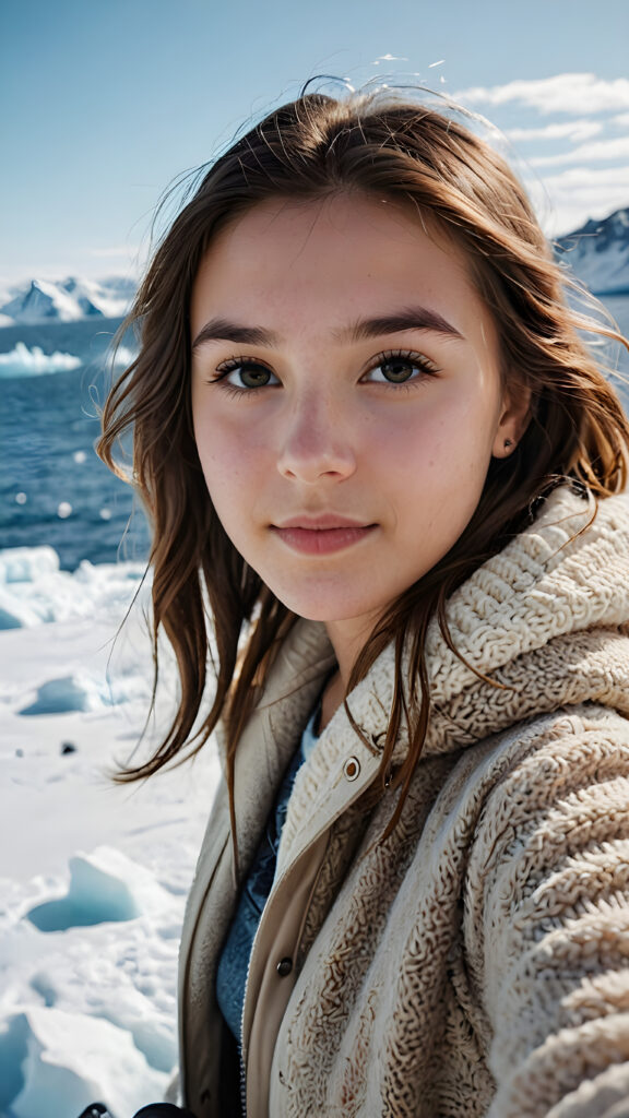 visualize a (((young teen girl, take a selfie))) (cute) (gorgeous). The vast Antarctic Ocean can be seen in the background