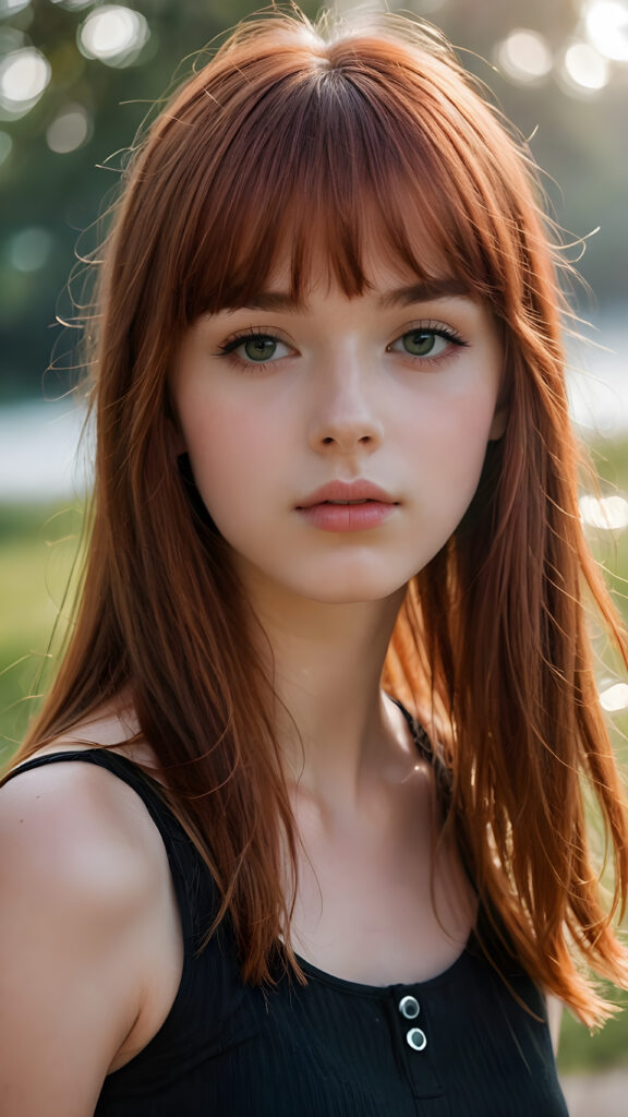 visualize a (((really detailed young teenage girl with long, soft straight red hair framing her face in classic bangs, her lips looking seductively parted against a (translucent, otherworldly backdrop))), dressed in a sleek, black tank top that accentuates every curve of her stunningly beautiful form, against a backdrop that suggests an ethereal mist, close up portrait