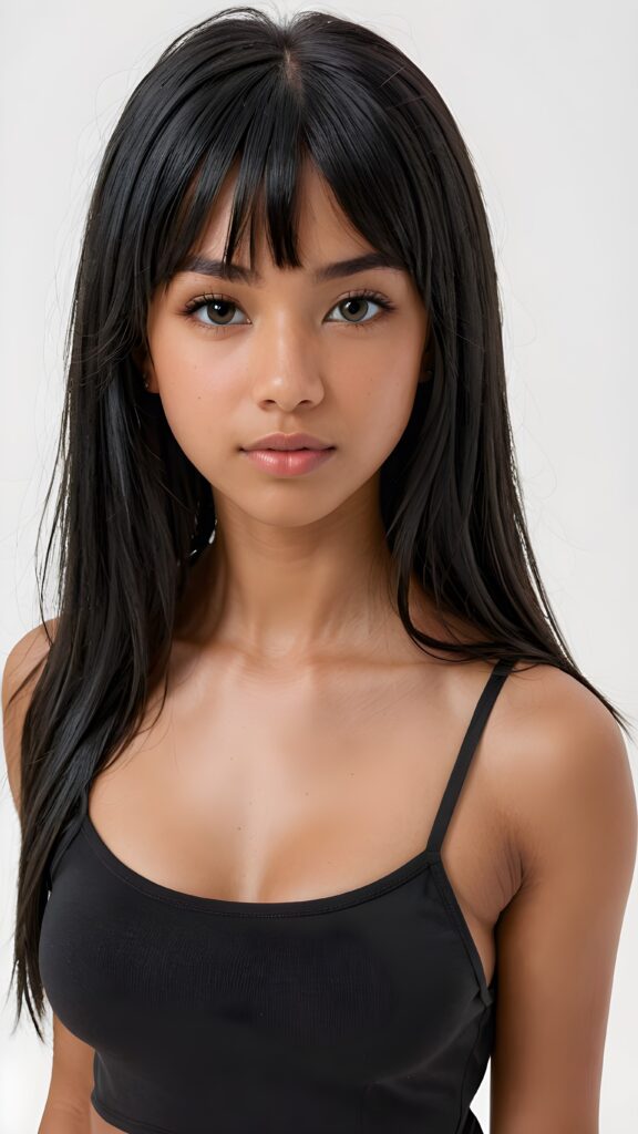 (((visualize a 3d picture))) of a (((cute tanned Latino teen girl))) with ((((long soft obsidian black straight hair)))), and framed her face in (((side-swept bangs))), and ((piercing eyes)), accompanied by a sleek (((cropped spaghetti tank top))). The scene is cropped from a (close-up of the girl), emphasizing her intricate details and expressing a sense of empathy and loneliness in the (((white backdrop)))