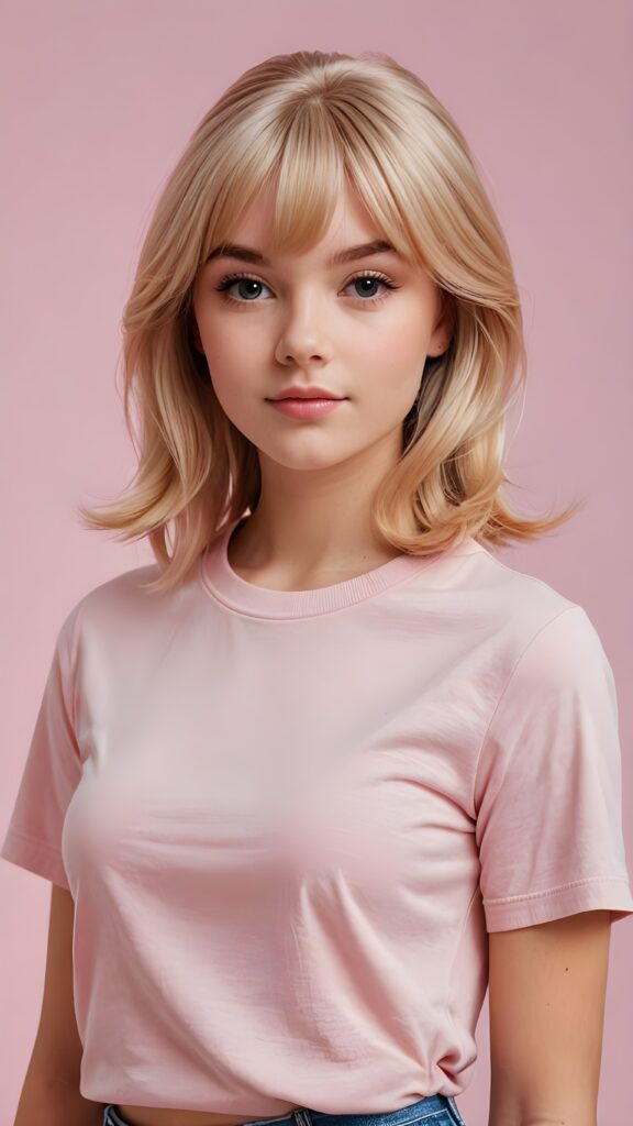 visualize a (((realistic teen girl))) with striking, straight blonde hair framing a face that mirrors Barbie's features, her bangs styled in a perfect side part, exuding confidence with a curvy silhouette and posed confidently against a (((soft, pale pink backdrop))), dressed in a (((modern, minimalist style)))