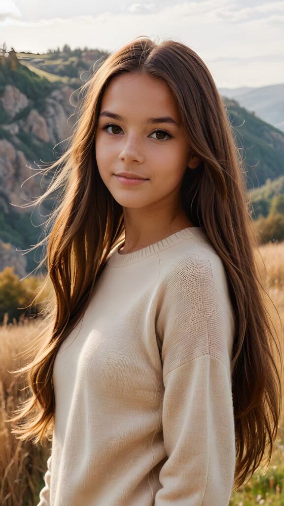 visualize a (((vividly beautiful scene))) where a (((cute tanned teen girl with super long straight jet brown hair))), wears a soft fine sweater made of wool, against a backdrop of a serene, (ethereal landscape)