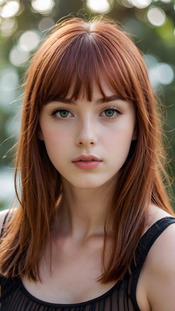 visualize a (((really detailed young teenage girl with long, soft straight red hair framing her face in classic bangs, her lips looking seductively parted against a (translucent, otherworldly backdrop))), dressed in a sleek, black tank top that accentuates every curve of her stunningly beautiful form, against a backdrop that suggests an ethereal mist, close up portrait