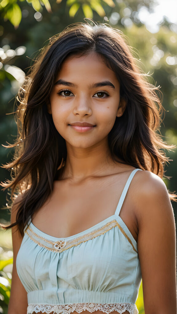 visualize a (((softly brown-skinned beautiful young teen girl))), with delicate features and a (((radiant aura))), suggesting purity and cuteness, her youthful exuberance apparent in her unmistakably adorable countenance, flawlessly fair skin, long straight and soft black hair, she wears a short crop top