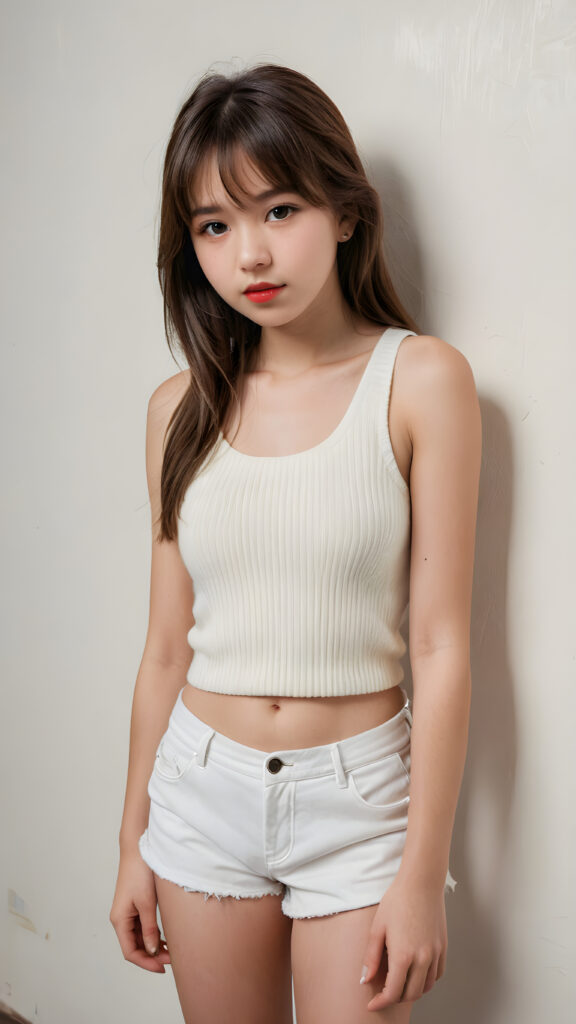 visualize a cute picture: a detailed teen girl, 13 years old, with soft straight very long jet brown hair, bangs cut frame her round face, exuding a sense of melancholy and loneliness, full red lips, (((white cropped short tank top made of fine wool)) which perfectly shaped her body), view from above (((against a wall backdrop)))