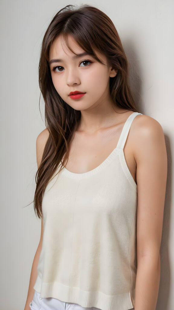 visualize a cute picture: a detailed teen girl, 13 years old, with soft straight very long jet brown hair, bangs cut frame her round face, exuding a sense of melancholy and loneliness, full red lips, (((white cropped short tank top made of fine wool)) which perfectly shaped her body), view from above (((against a wall backdrop)))