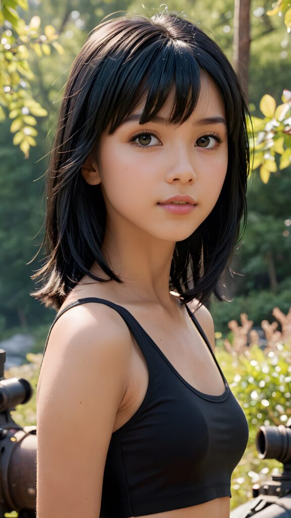 (((visualize a 3d picture))) of a (((cute teen girl))) with a ((((shoulder-length soft obsidian black straight hair)))), which perfectly styled and framed her face in (((side-swept bangs))), and ((piercing eyes)), accompanied by a sleek (((cropped tank top))). The scene is cropped from a (full-body view) to a (close-up of the girl), emphasizing her intricate details and expressing a sense of empathy and loneliness in the (((natural spring backdrop)))