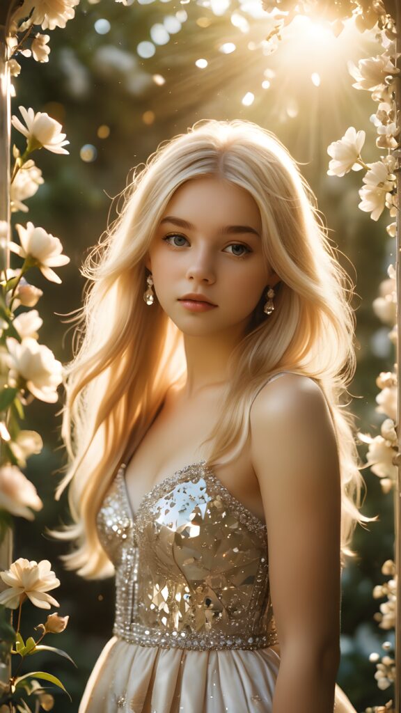 visualize a (((vividly drawn teenage girl))) with long, flowing blonde hair, standing against a backdrop of delicate blooms softly bathed in a (((vintage diamond sunlight filter))), her form and details reflect a timeless fantasy aesthetic that combines whimsy and nostalgia, as if captured through a shattered mirror